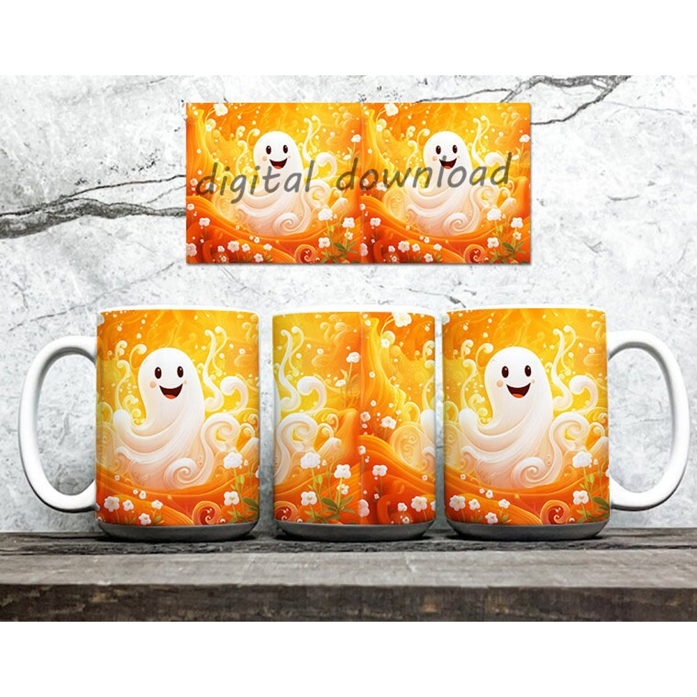 3D Cute Ghost Flowers Mug for 11oz 15oz Mug, 3D Halloween PNG Sublimation Mug Design, 3D Halloween Ghost Seamless Mug Wrap - 2.jpg