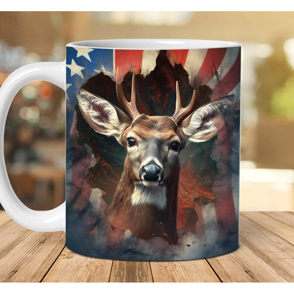 3D Deer American Flag Hole Mug Sublimation Design, 3D Vintage Deer Mug Wrap, 3D 4th of July Mug Wrap, 11oz 15oz Mug Sublimation Wrap - 1.jpg