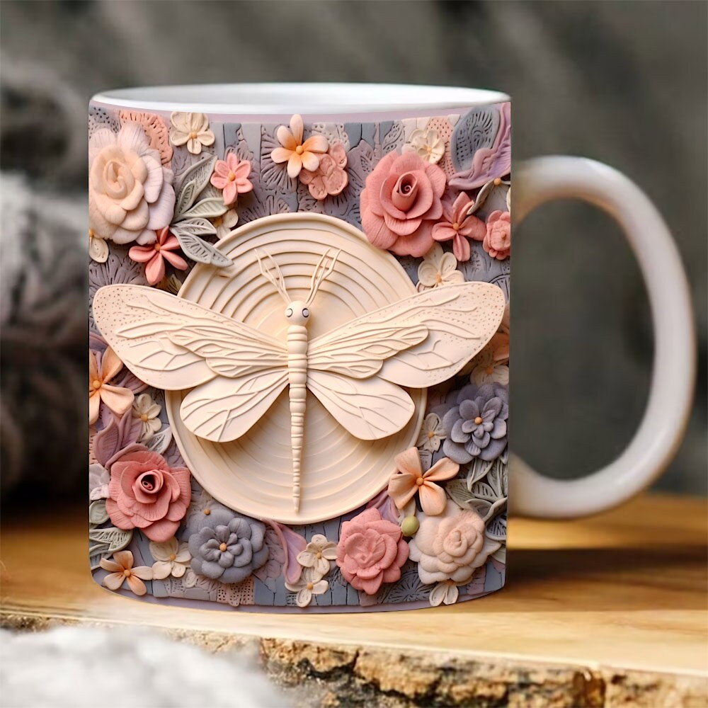 3D Dragonfly and Flower Mug, 3D Dragonfly Flower Mug Wrap, Animal Mug Png, Dragonfly Floral Mug PNG, 3D Mug, 11oz,15oz Mug Sublimation Png - 1.jpg