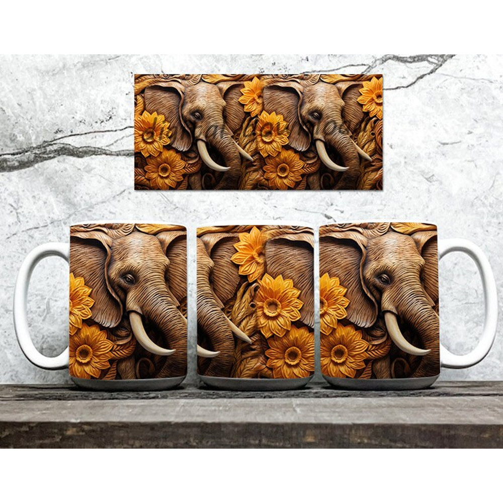 3D Elephant Mug Wrap Design,3D Sunflower Mug Wrap Png, 3D Mug Design 11oz 15oz Floral Wrap 3D Carved Digital Downloads - 2.jpg