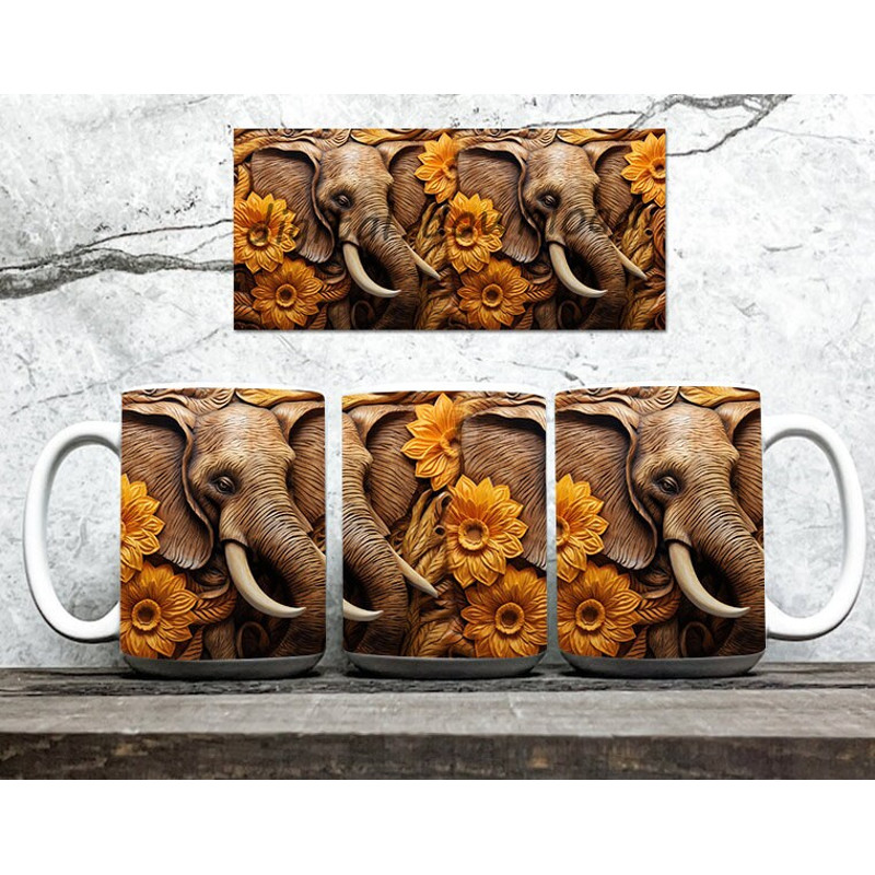 3D Elephant Mug Wrap Design,3D Sunflower Mug Wrap Png, 3D Mug Design 11oz 15oz Floral Wrap 3D Carved Digital Downloads - 2.jpg