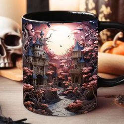 3D Halloween Landscape Pink Haunted House Mug