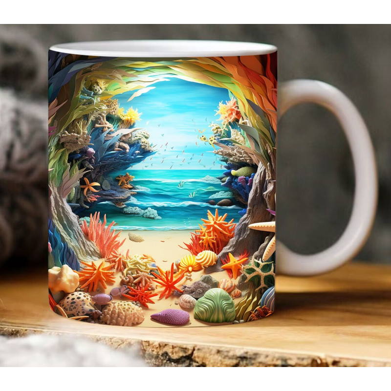 3D Hole In A Wall Summer Beach Landscape Mug Wrap Design, 3D Beach Mug, 3D Beach Seashells In Mug Design, 3D 11oz 15oz Mug Sublimation Png - 1.jpg