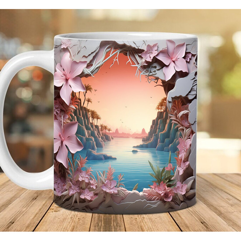 3D Hole In A Wall Tropical Beach Landscape Mug Wrap Design, 3D Beach Mug, 3D Beach Seashell In Mug Design, 3D Mug, 11oz,15oz Mug Sublimation - 1.jpg