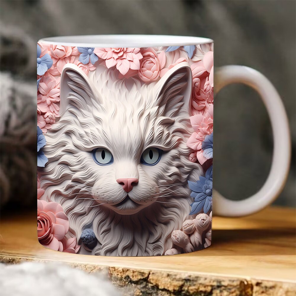 3D Ivory Kitten Mug Wrap PNG, 3D Ivory Cat Flowers Mug PNG, 3D Floral Mug PNG, 11oz,15oz Mug Sublimation Wrap, Digital Download - 1.jpg