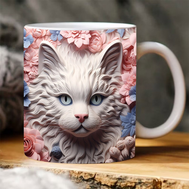 3D Ivory Kitten Mug Wrap PNG, 3D Ivory Cat Flowers Mug PNG, 3D Floral Mug PNG, 11oz,15oz Mug Sublimation Wrap, Digital Download - 1.jpg