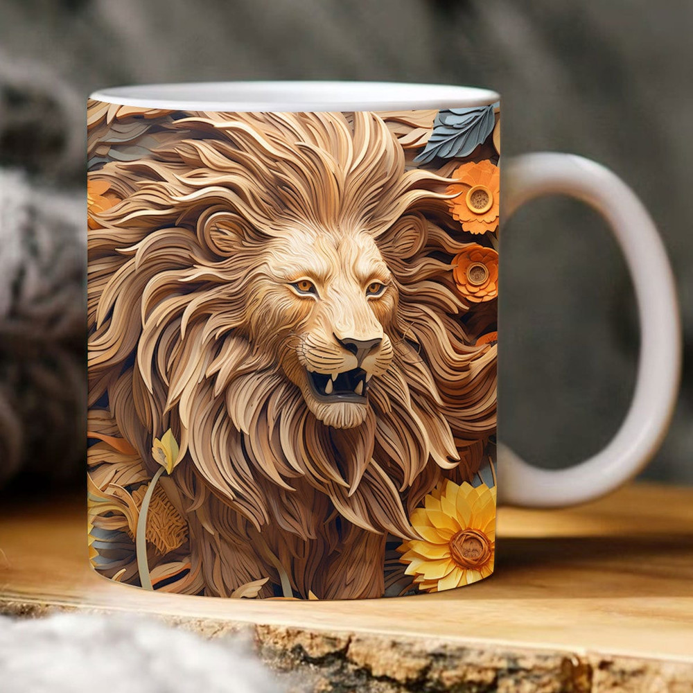 3D Lion Mug Wrap Design,3D Lion Sunflower Mug Wrap Png, 3D Mug Design 11oz 15oz Floral Wrap 3D Carved Png Digital Downloads - 1.jpg