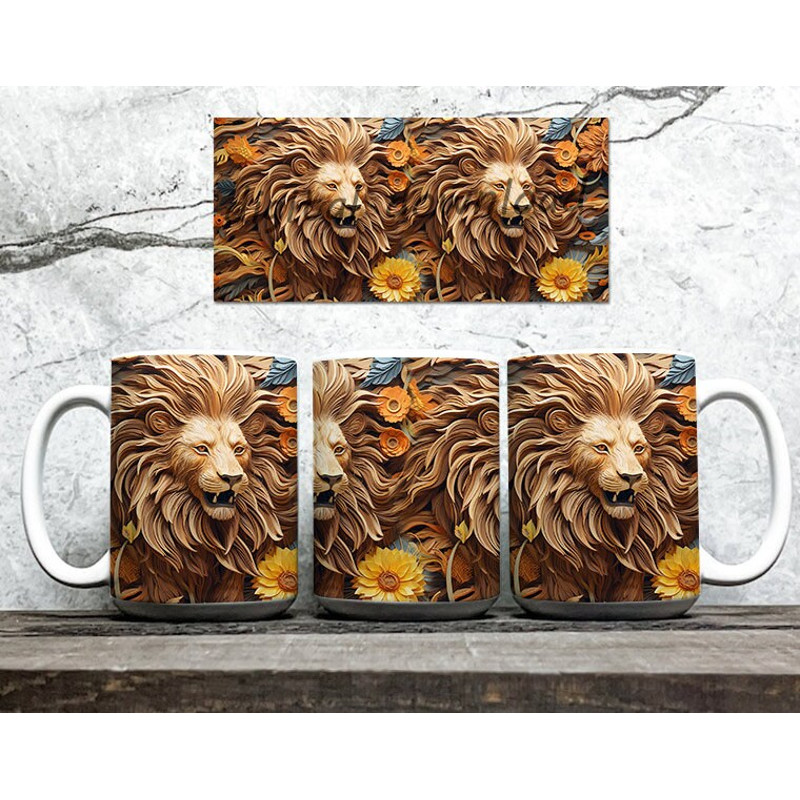 3D Lion Mug Wrap Design,3D Lion Sunflower Mug Wrap Png, 3D Mug Design 11oz 15oz Floral Wrap 3D Carved Png Digital Downloads - 2.jpg