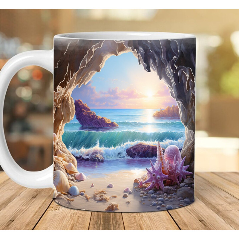 3D Ocean Cracked Hole Beach Landscape Mug Wrap Design, 3D Beach Mug, 3D Beach Seashells In Mug Design, 11oz,15oz Mug Sublimation Png - 1.jpg