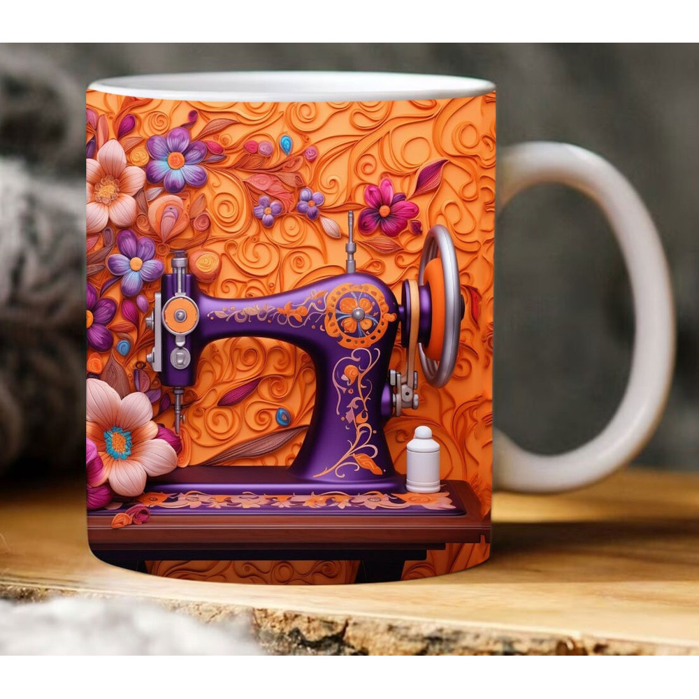 3D Orange Flowers Sewing Machine 11oz,15oz Mug Sublimation Wrap 3D Sewing Mug, Digital Download Mug PNG, 3D Mug Wrap Coffee Mug PNG - 1.jpg