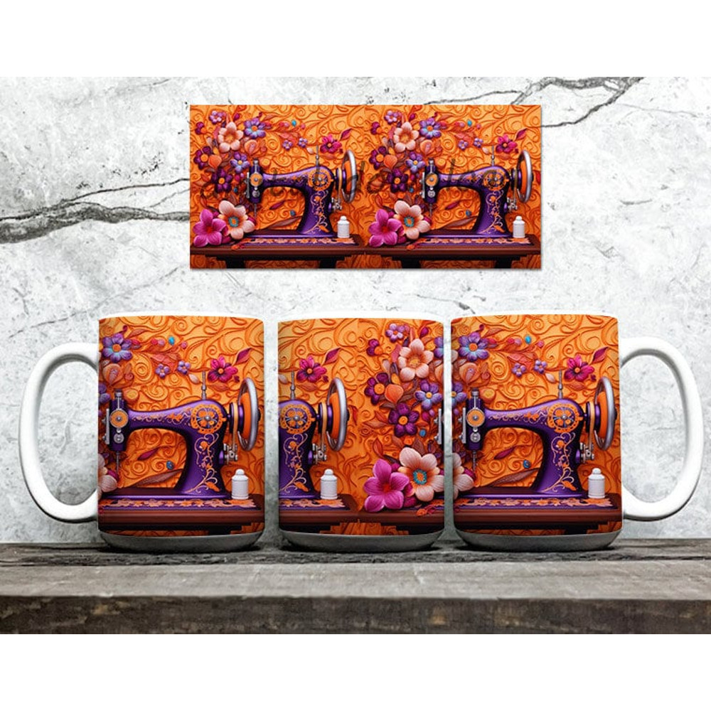 3D Orange Flowers Sewing Machine 11oz,15oz Mug Sublimation Wrap 3D Sewing Mug, Digital Download Mug PNG, 3D Mug Wrap Coffee Mug PNG - 2.jpg