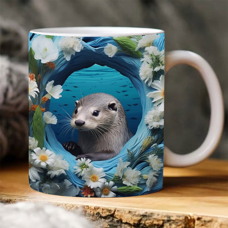 3D Otter Mug Wrap PNG, 3D Otter Flowers Mug PNG, 3D Floral Mug PNG, 11oz,15oz Mug Sublimation Wrap, Digital Download, Coffee Mug, Otter Gift - 1.jpg