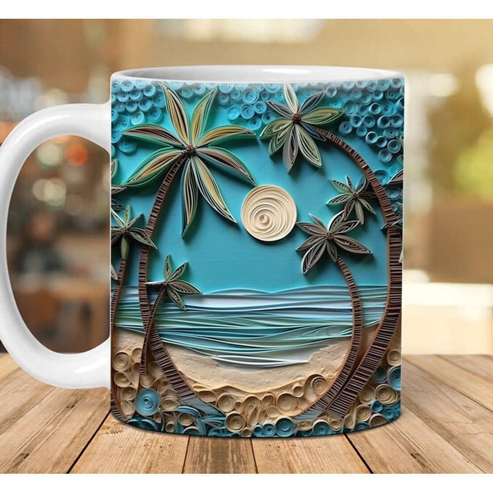 3D Paper Quilling Beach Landscape Mug Wrap Design, 3D Beach Mug, 3D Beach Seashells In Mug Design, 3D Mug, 11oz,15oz Mug Sublimation Png - 1.jpg