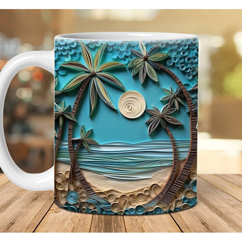 3D Paper Quilling Beach Landscape Mug Wrap Design, 3D Beach Mug, 3D Beach Seashells In Mug Design, 3D Mug, 11oz,15oz Mug Sublimation Png - 1.jpg
