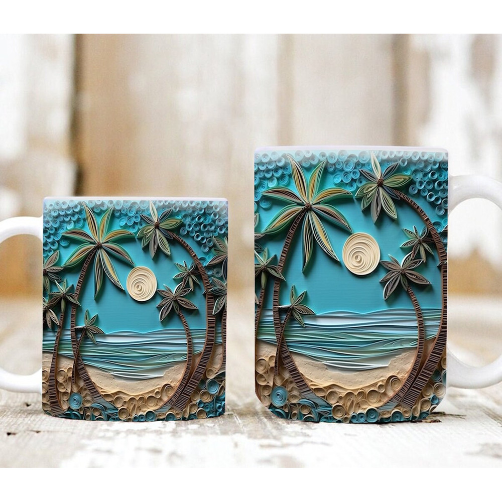 3D Paper Quilling Beach Landscape Mug Wrap Design, 3D Beach Mug, 3D Beach Seashells In Mug Design, 3D Mug, 11oz,15oz Mug Sublimation Png - 2.jpg