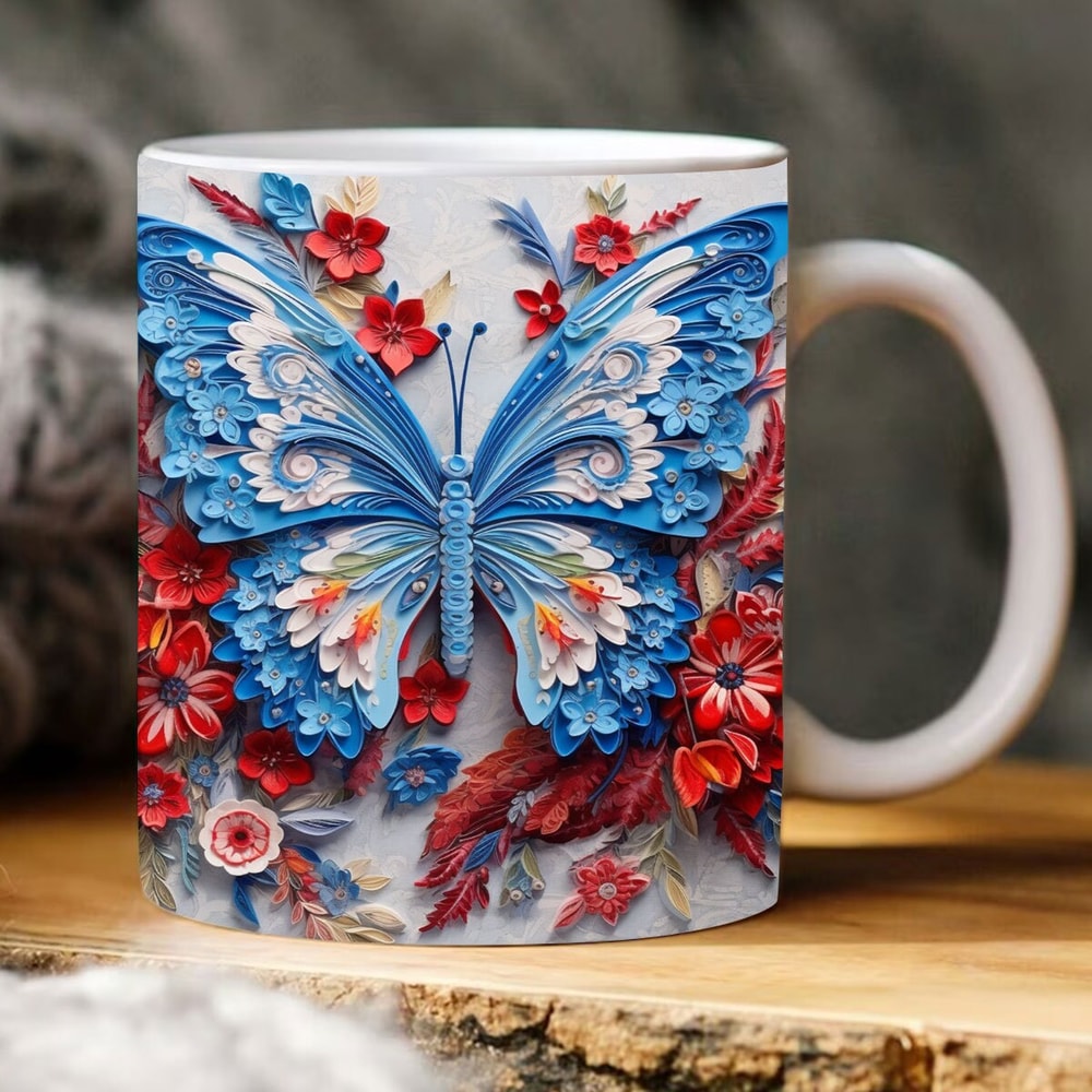 3D Patriotic Floral Butterfly Mug Wrap, 3D Embroidery Floral Mug Wrap, 3D 4th of July Mug Png, 11oz 15oz Mug Png Instant Download PNG - 1.jpg