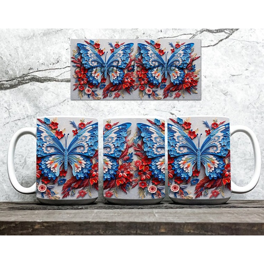 3D Patriotic Floral Butterfly Mug Wrap, 3D Embroidery Floral Mug Wrap, 3D 4th of July Mug Png, 11oz 15oz Mug Png Instant Download PNG - 2.jpg