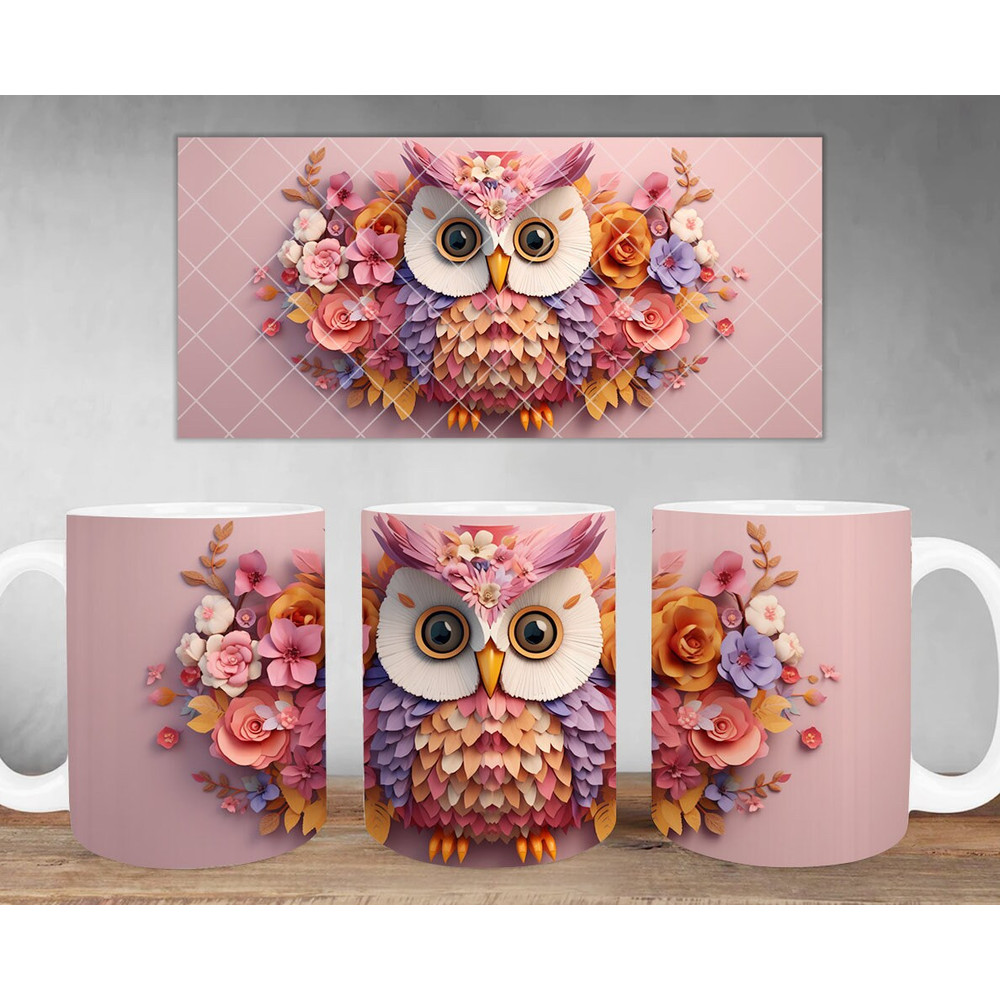 3D Pink Cute Floral Owl Mug Sublimation Design Digital Download PNG Colorful Floral Owl 11 oz and 15 oz Mugs PNG - 1.jpg