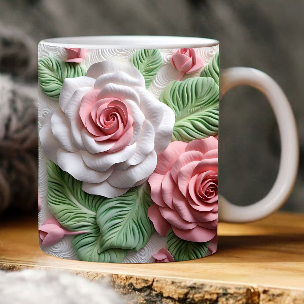 3D Pink Green Rose Flower Mug, Pink Roses Floral Mug, Wedding Mug Design, Floral Mug PNG, 3D Mug, 11oz,15oz Mug Sublimation Wrap Download - 1.jpg