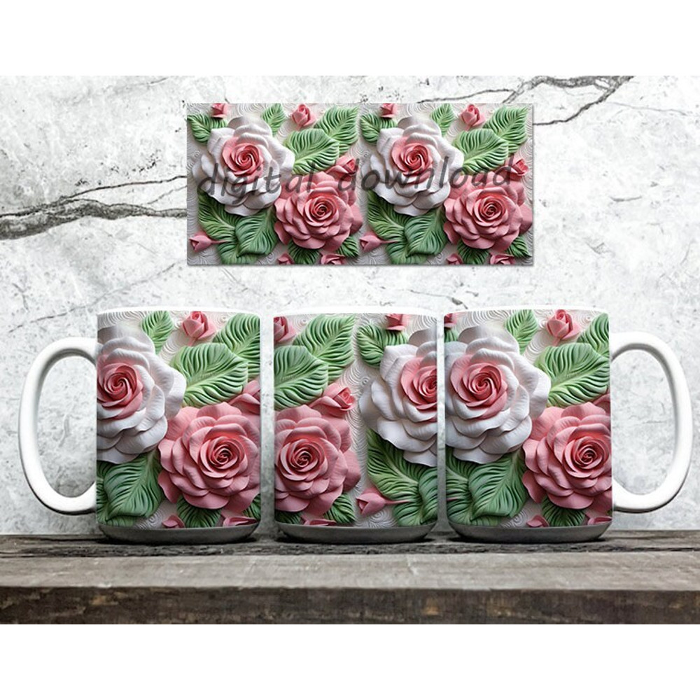 3D Pink Green Rose Flower Mug, Pink Roses Floral Mug, Wedding Mug Design, Floral Mug PNG, 3D Mug, 11oz,15oz Mug Sublimation Wrap Download - 2.jpg