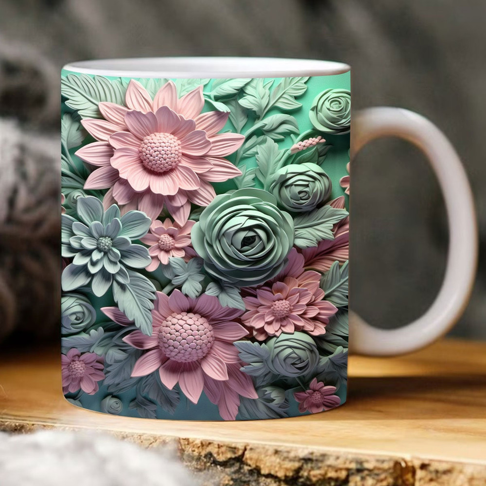 3D Pink Green Flower Mug, White Floral Mug, Wedding Mug Design, Floral Mug PNG, 3D Mug, 11oz,15oz Mug Sublimation Wrap, Digital Download - 1.jpg