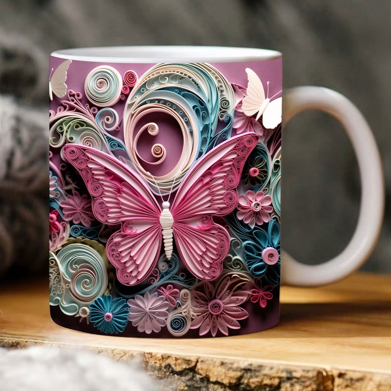 3D Quilling Butterflies Floral Mug Wrap Sublimation Design, 11oz 15oz Mug Template, Sublimation Designs, 3D Butterfly Digital Download - 1.jpg