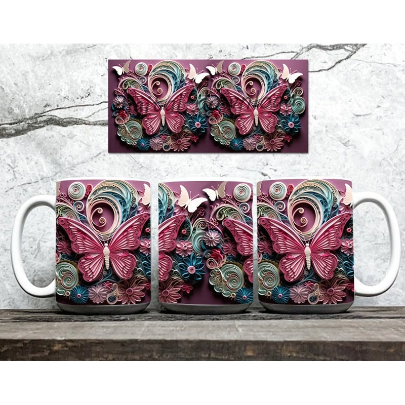 3D Quilling Butterflies Floral Mug Wrap Sublimation Design, 11oz 15oz Mug Template, Sublimation Designs, 3D Butterfly Digital Download - 2.jpg
