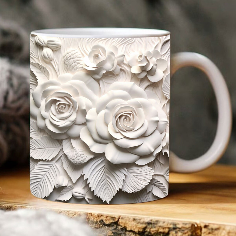 3D Rose Flower Mug, White Roses Floral Mug, Wedding Mug Design, Floral Mug PNG, 3D Mug, 11oz,15oz Mug Sublimation Wrap, Digital Download - 1.jpg