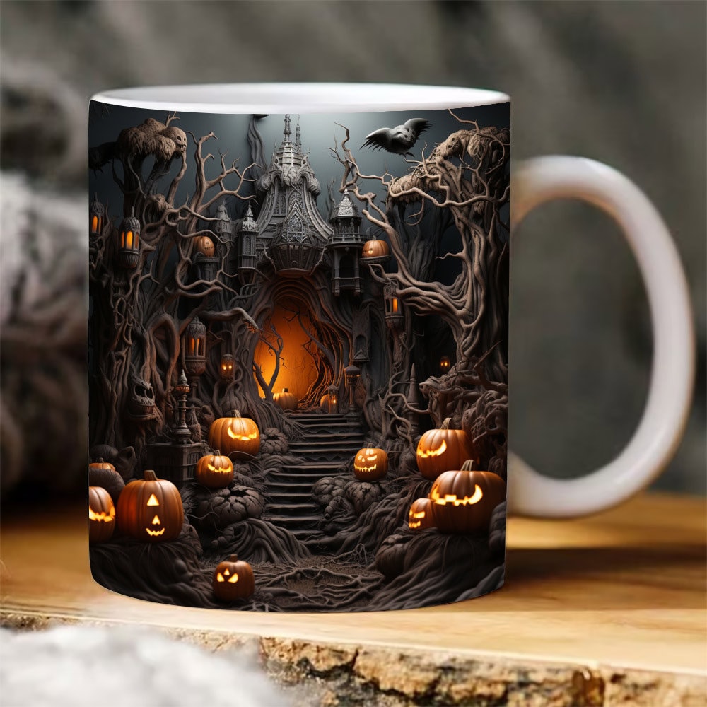 3D Scary Halloween Cave Fall Vibes Inflated Mug Wrap, 3D Spooky Vibes Mug Wrap, 3D pumpkin 11oz 15oz Mug Sublimation Wrap - 1.jpg