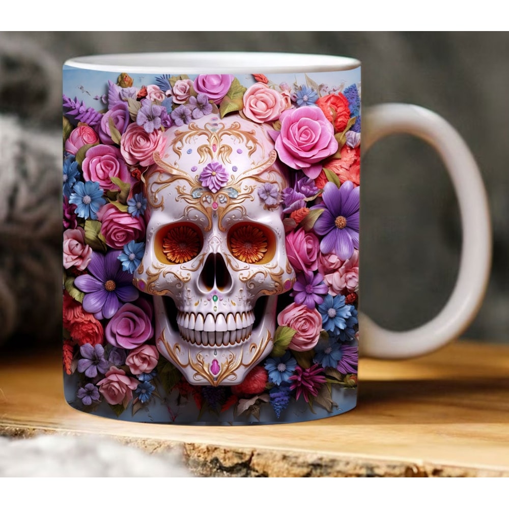 3D Sugar Skull Florals and Butterflies Mug Wrap, Sugar Skull Summer Colors 11oz 15oz Mug Sublimation Design Digital File Instant Download - 1.jpg