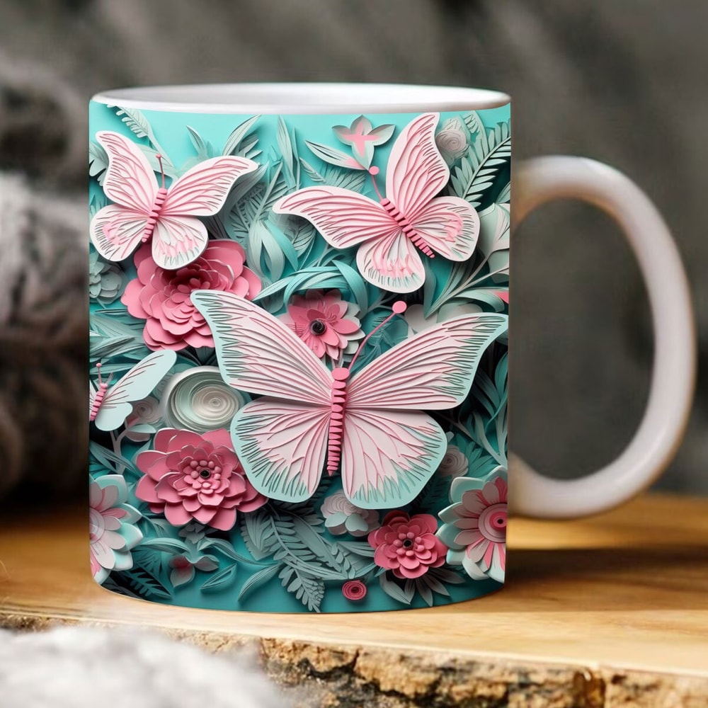3D Teal and Pink Butterfly and Flowers Mug Wrap, 11oz 15oz Mug Design, 3D Floral Mug Sublimation, Butterfly Mug Png, 11oz 15oz Mug PNG - 1.jpg