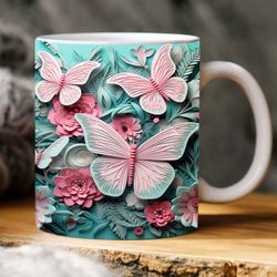3d teal and pink butterfly and flowers mug