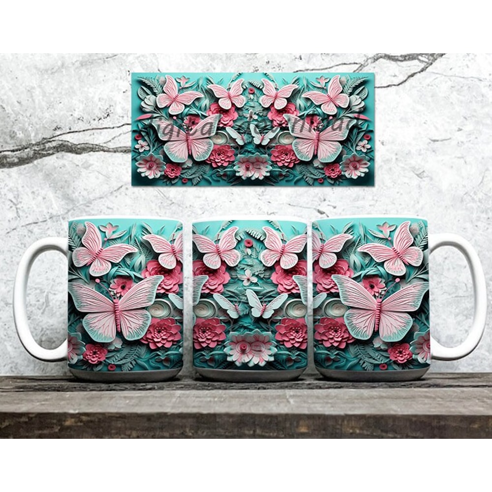 3D Teal and Pink Butterfly and Flowers Mug Wrap, 11oz 15oz Mug Design, 3D Floral Mug Sublimation, Butterfly Mug Png, 11oz 15oz Mug PNG - 2.jpg