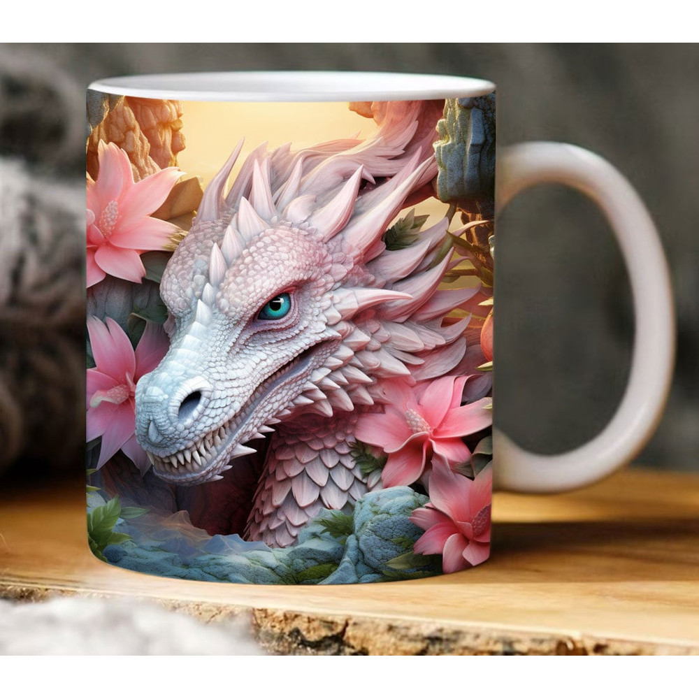 3D Tropical Flowers Dragon Mug Wrap, 11oz 15oz Mug Design, 3D Beach Mug Sublimation, Mug Wrap, 11oz Mug Png Crack Hole Press Mug - 1.jpg