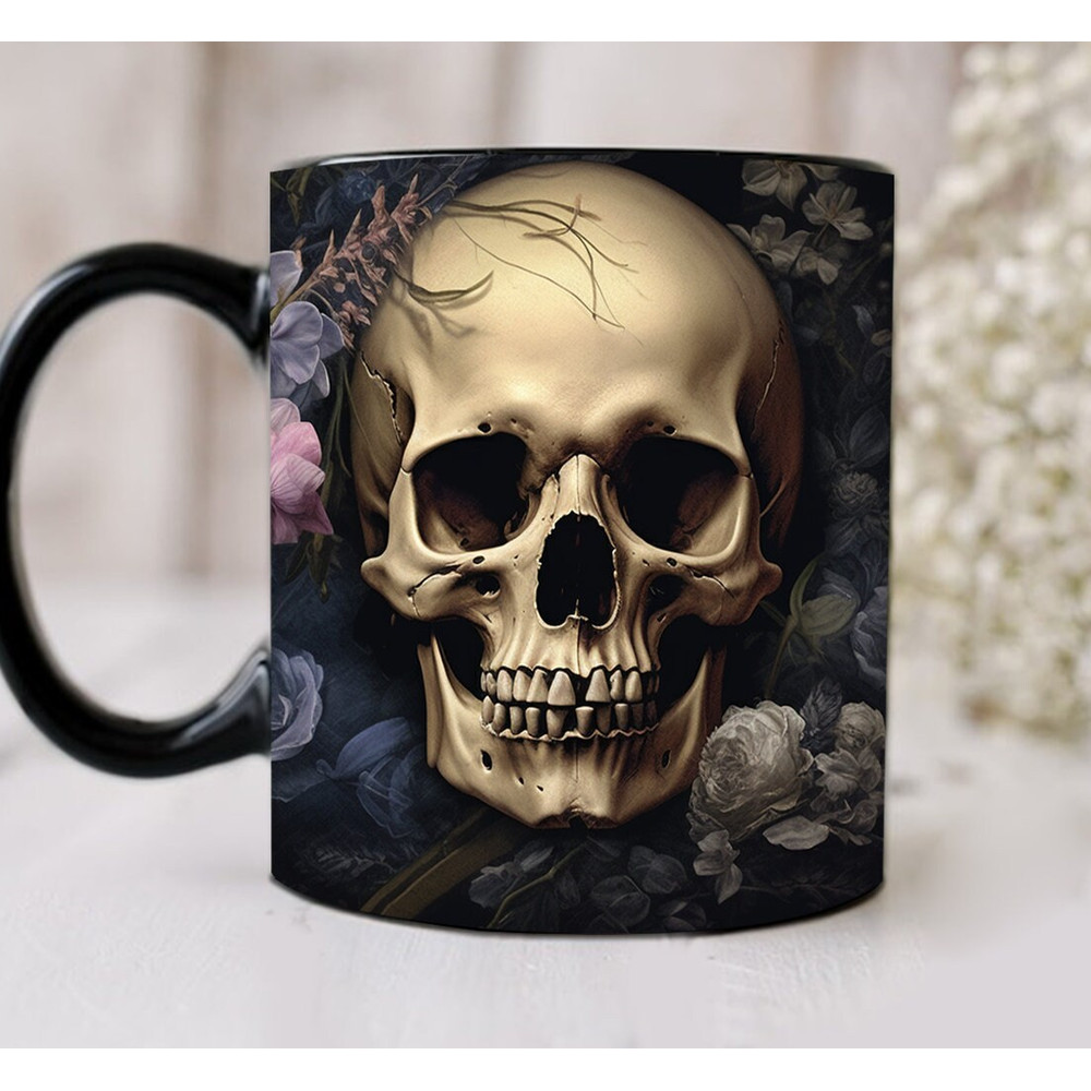 3D Vintage Skull Mug, 3D Floral Skull Mug, 3D Sugar Skull Mug, 3D Mug Design, Floral Mug PNG, 11oz,15oz Mug Sublimation Wrap - 1.jpg