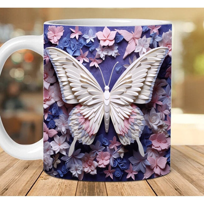 3D White Butterfly Purple Flowers Mug Sublimation Design, 3D Butterfly Floral Mug PNG, 11oz 15oz Mug Sublimation PNG, Wedding Mug, 3D Mug - 1.jpg
