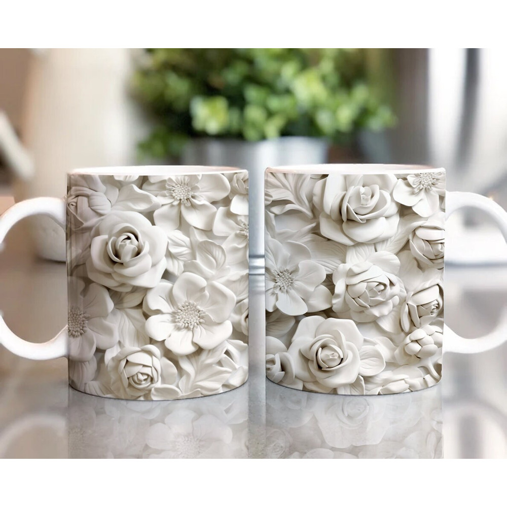 3D White Flowers Mug Wrap, 11oz And 15 Oz Mug Design, 3D Floral Mug Sublimation, 3D Flowers Mug Wrap, 11oz Mug Png, 15oz Mug PNG - 1.jpg