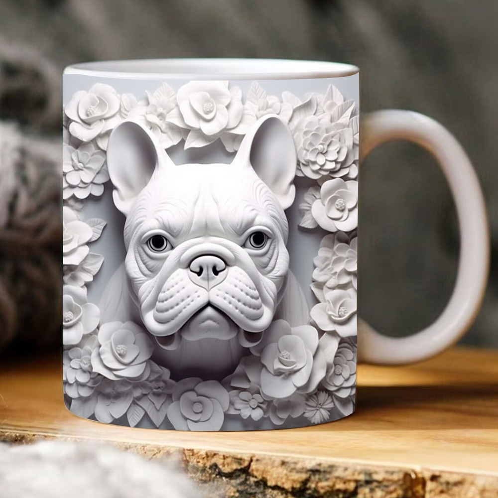3D White French Bulldog Mug Wrap Design PNG, 3D White Bulldog Flowers Mug Design, 3D Dog Flowers Sublimation PNG Digital Downloads - 1.jpg