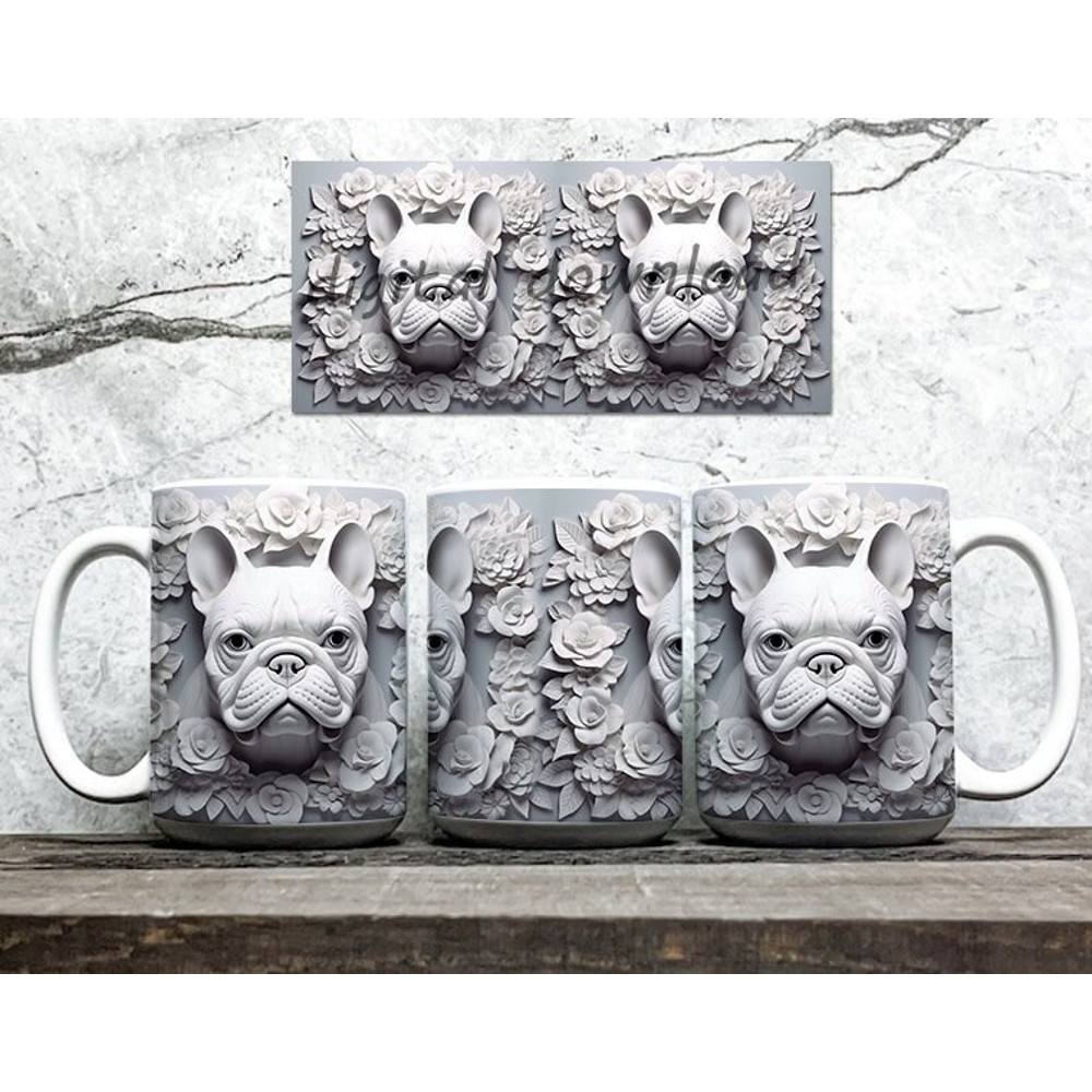 3D White French Bulldog Mug Wrap Design PNG, 3D White Bulldog Flowers Mug Design, 3D Dog Flowers Sublimation PNG Digital Downloads - 2.jpg