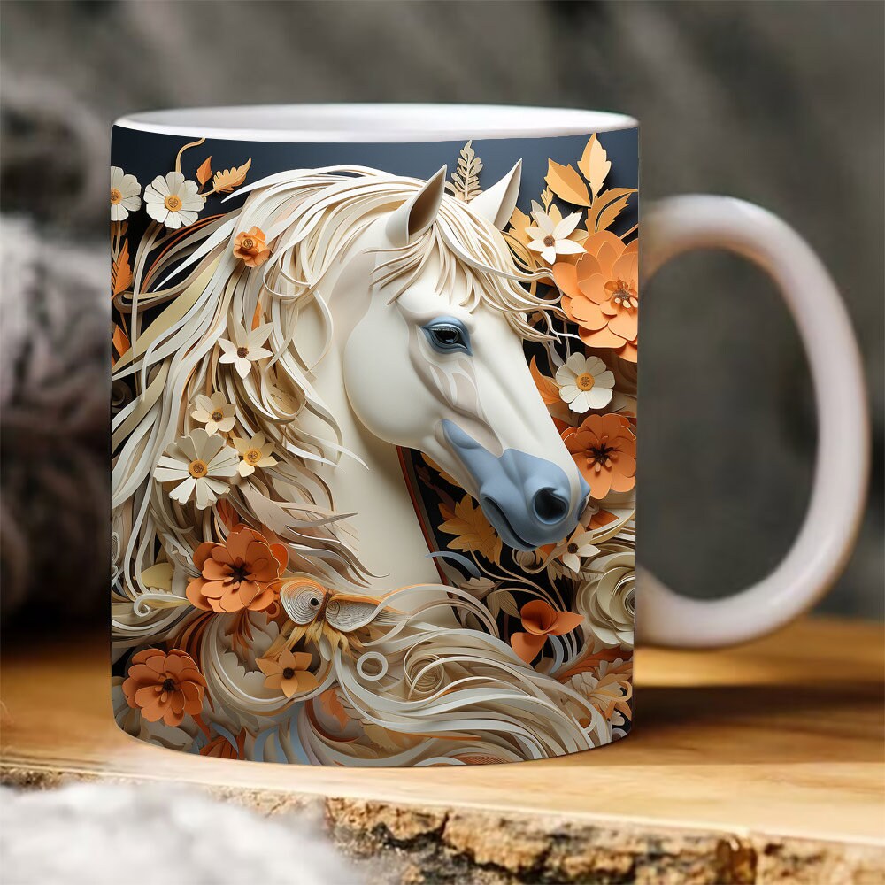 3D White Horse Paper Quilling Mug Wrap 11oz 15oz Fall Mug Design, Autumn Mug Sublimation, 3D Horse Mug Wrap, 11oz Mug Png - 1.jpg
