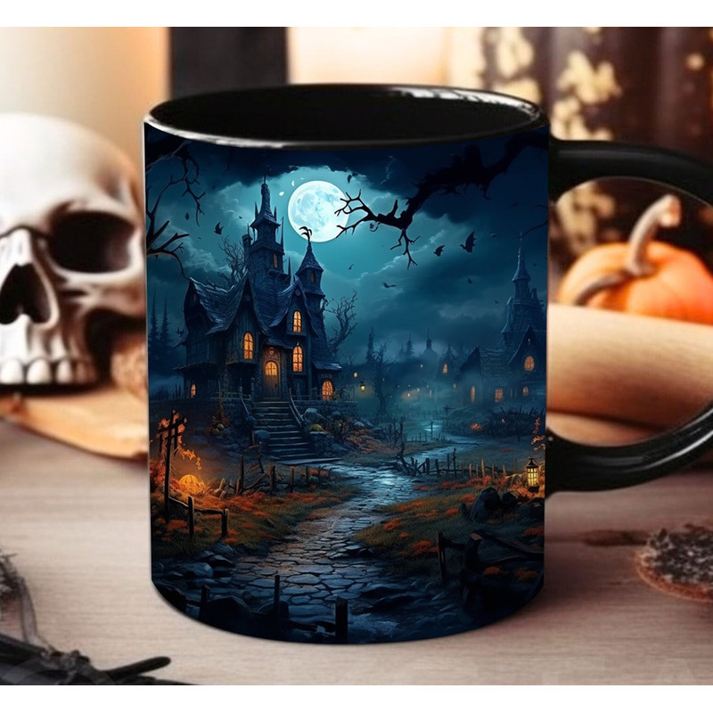 Halloween Haunted House Mug Wrap Sublimation Design Digital Download PNG, 3D Halloween House Mug Png, Spooky Season Bats Mug Wrap - 1.jpg