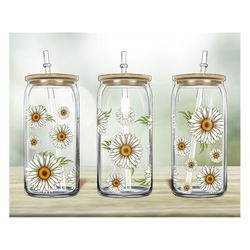 daisies flowers can glass wrap, daisies 16oz libbey glass png, 16oz libbey cup, daisy design png, digital download png