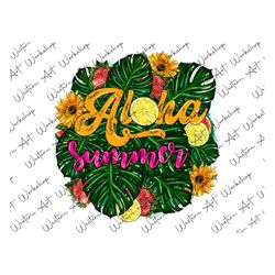 Aloha Summer Tropical Leaves Fruit Sunflower Png Sublimation Design, Aloha Summer Png, Aloha Tropical Leaves Png, Aloha