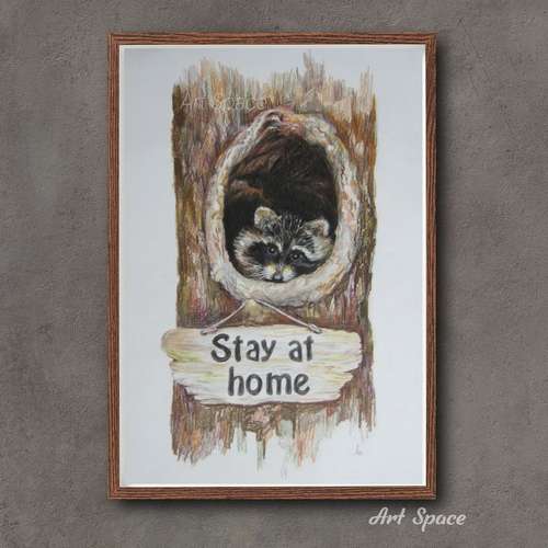 Original Painting "Stay at home"raccoon, tree, hollow, Office Home, Decoration Housewarming Gift Hallway Decor, cute
