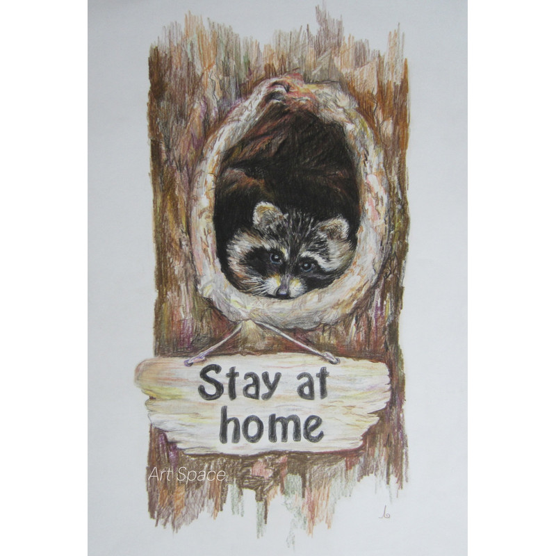 raccoon - animal - handmade painting - original painting - brown painting - - pencil drawing - hollow tree - stay home - 1.jpg
