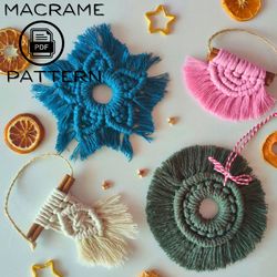 macrame set 4 in 1 ornament pdf pattern easy christmas decor diy macrame christmas ornament for beginners, nursery decor