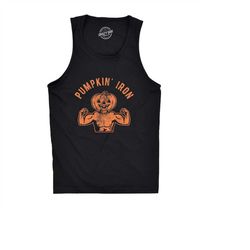 pumpkin iron halloween tank top, mens funny t shirt, pumpkin shirts, workout tanks, tank tops, pumping iron