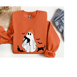 Ghost and Black Cat Halloween Sweatshirt, Black Cat Halloween Sweatshirt, Cute Ghost Halloween Shirt, Spooky Season, Wom