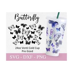no hole butterfly starbucks cup svg, svg files for cricut, 24oz venti cold cup design, butterflies print full wrap svg p