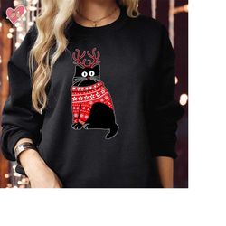 sweatshirt (5133) christmas cat reindeer antlers sweatshirt merry catmas meowy xmas black cats lover cute kitty men wome